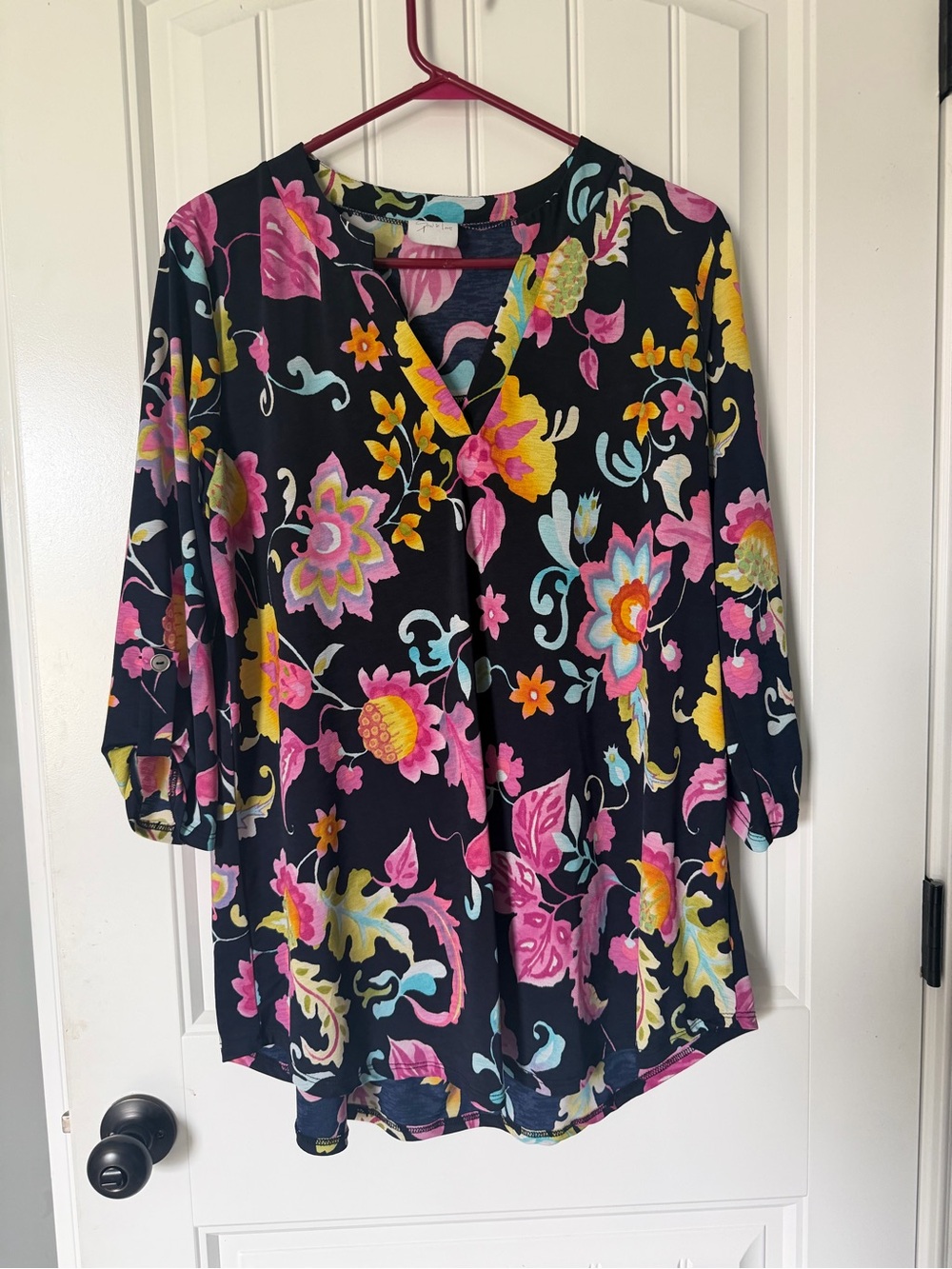 Women’s Floral V-Neck Blouse in Black with Pink & Yellow Accents